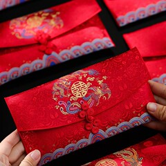 結婚式の赤い封筒、布製の結婚式のお茶の挨拶、1万円の大きな赤い封筒のペア、親の赤い封筒