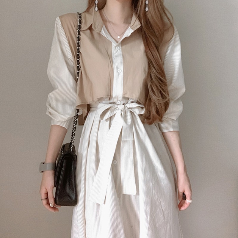 韩国chic轻熟风气质翻领设计感小众拼色假两件衬衫条纹连衣裙女