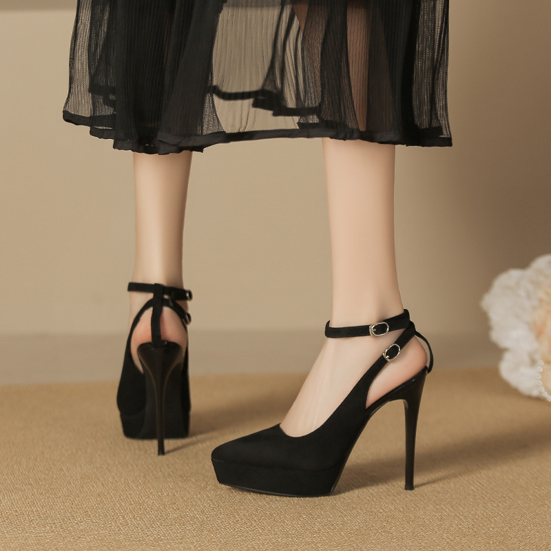 Giày cao gót nữ mũi nhọn da lộn, gót 10 cm, đế chống thấm nước — Satin đen-10cm