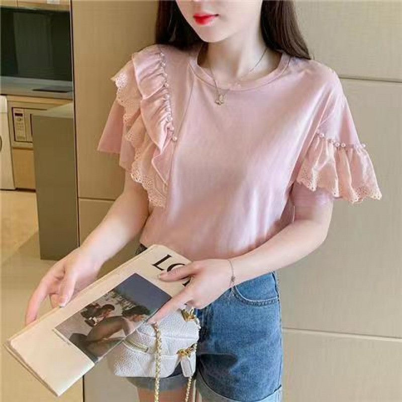 春夏の新デザイン、西洋スタイル、ヘビービーズ、ファッショナブルで多用途な韓国スタイルの女性用快適な半袖シャツトップ|undefined