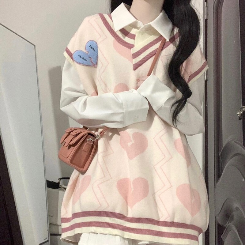 Three-piece/suit milk sweet cute girl love contrast color knitted sweater vest women + white shirt pleated skirt Three-piece/suit milk sweet cute girl love contrast color knitted sweater vest women + white shirt pleated skirt