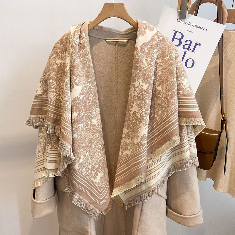 Cross-Border European and American Style Tree Pattern Jacquard Faux Cashmere Scarf for Women, Winter High-End Thickened Tassel Shawl, Warm Large Square Scarf