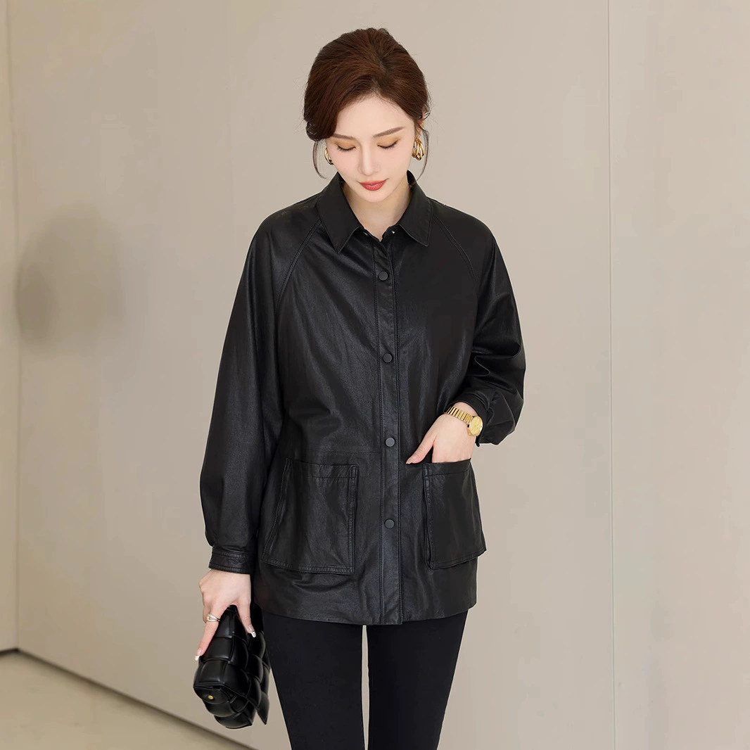 Элитная рубашка, jacket, длинный рукав, плащ-тренч, натуральная кожа, свободный крой
