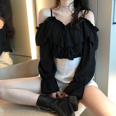Sweet and Fresh Ruffled Off-Shoulder Suspender Shirt for Women 2024 Summer New Style Loose and Versatile Long-Sleeved Top