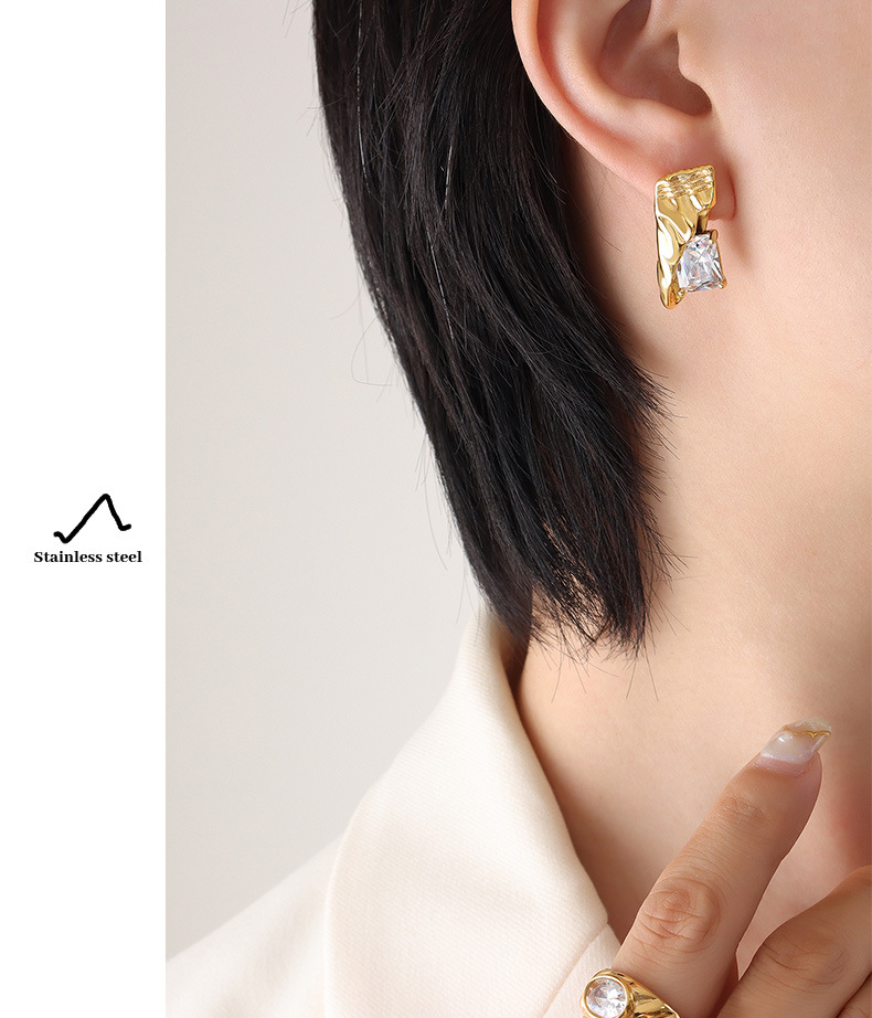 Zircon Inlay Material Earrings Classification 18K Gold Plating Color PVD Coated Real Gold Plated 18K Gold Geometric 304 Stainless Steel Retro Waterproof Non Tarnish Earrings