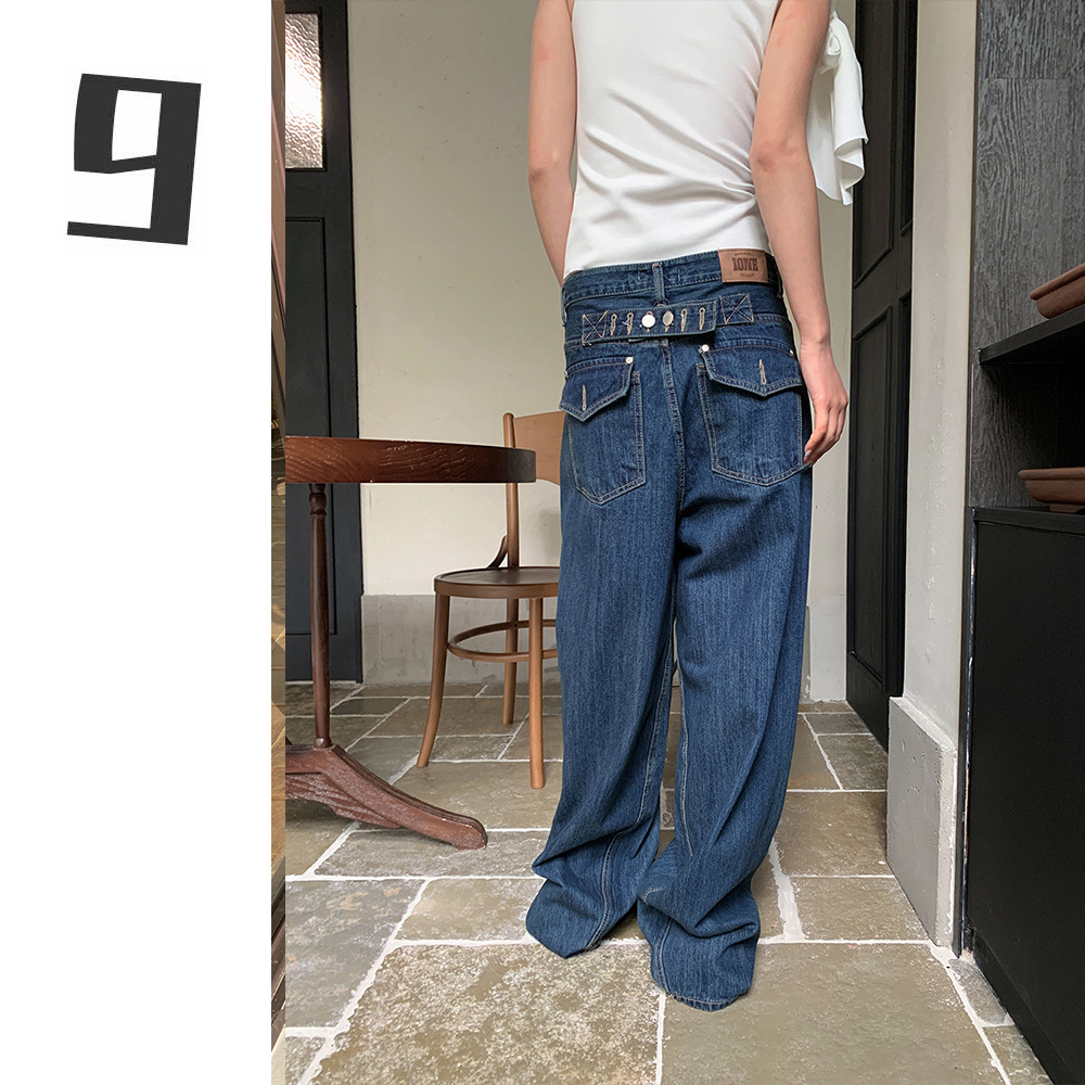 [9 시간] 청바지로 개성 높은 거리 버튼 조정 여성 2025 봄 캐주얼 와이드 레그 팬츠 xf1219