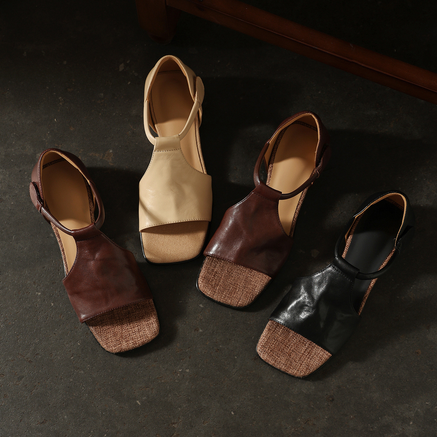 Sandal hở mũi nữ quai mảnh đế bệt mũi vuông da bò thật — đen chi tiết 14