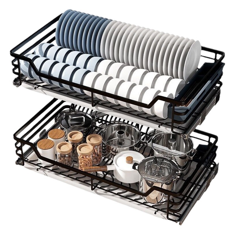 Cesta extraíble gabinete de cocina armario de condimentos de doble capa 304 tazón de almacenamiento de acero inoxidable estante cajón cesta de tazón