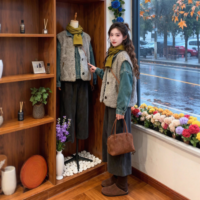 Autumn and Winter Matchinging Set of Large Size Fat mm Denim Shirts Layered with Vests and Wide-Leg Pants Fashionable Retro Suits for Women Autumn and Winter Matchinging Set of Large Size Fat mm Denim Shirts Layered with Vests and Wide-Leg Pants Fashionable Retro Suits for Women