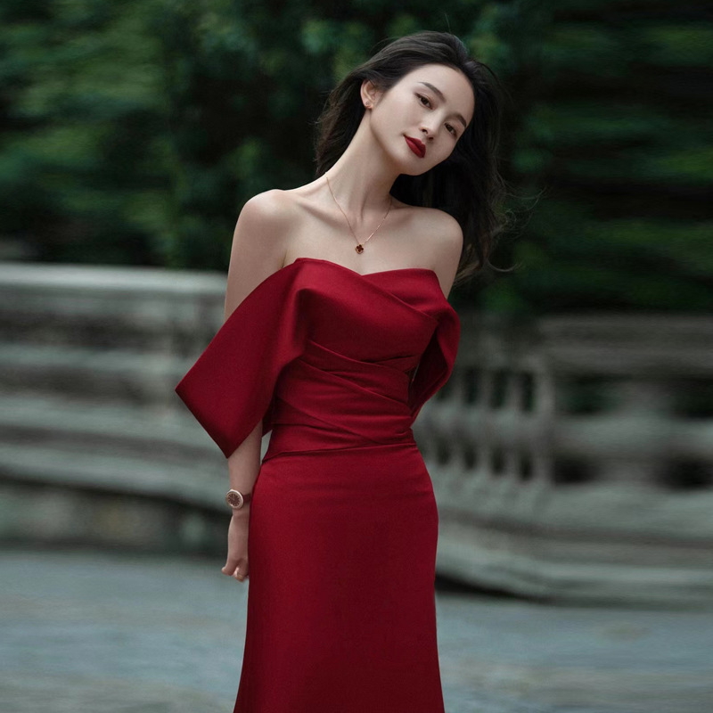 Bridal Toast Dress 2026 New Style Burgundy Off-Shoulder Satin High-End Elegant Fishtail Wedding Evening Dress for Women