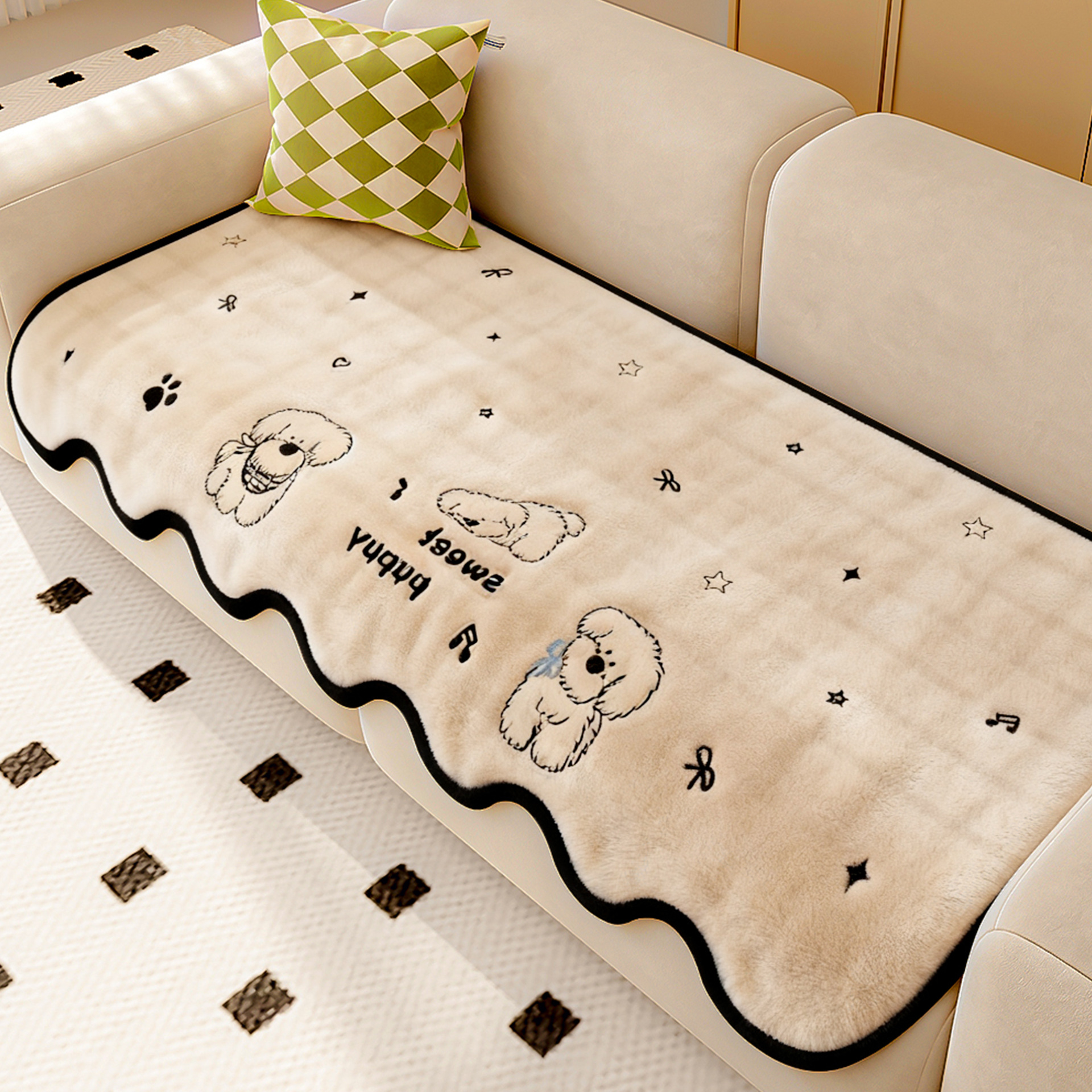 Cojín de sofá de peluche de forma especial invierno 2025 nuevo estilo americano patch viento engrosado cojín de sofá de piel alfombra de tela antideslizante