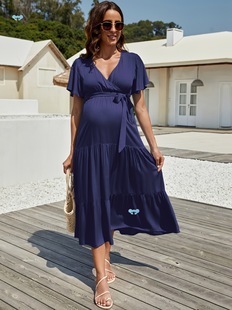 V Neck Bell Sleeve Short Sleeve Long Maternity Dress跨境