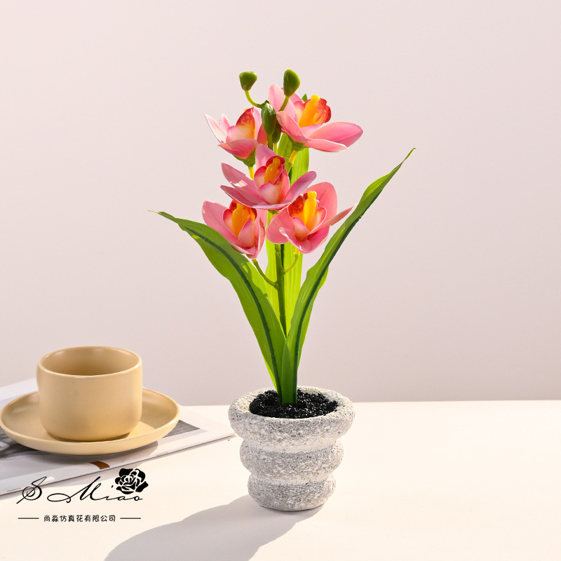 Bonsái de Cymbidium Artificial de 5 Cabezas, Flor de Seda, Decorativo, para Hogar y Estudio Fotográfico