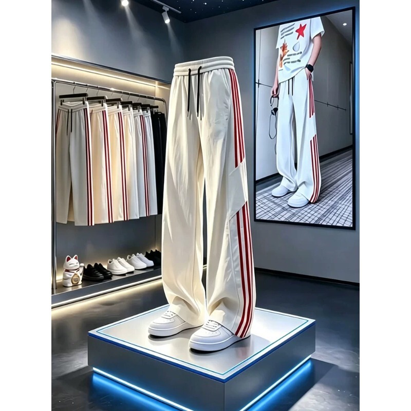 American-style striped patchwork ice silk cool pants for men, summer straight quick-dry work pants with a loose, drapey wide-leg design American-style striped patchwork ice silk cool pants for men, summer straight quick-dry work pants with a loose, drapey wide-leg design