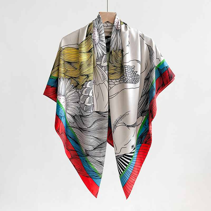 Pañuelo cuadrado femenino diseño creativo coreano sensación planta estampado floral chal primavera y otoño temperamento de moda estilo fino sarga cuadrado