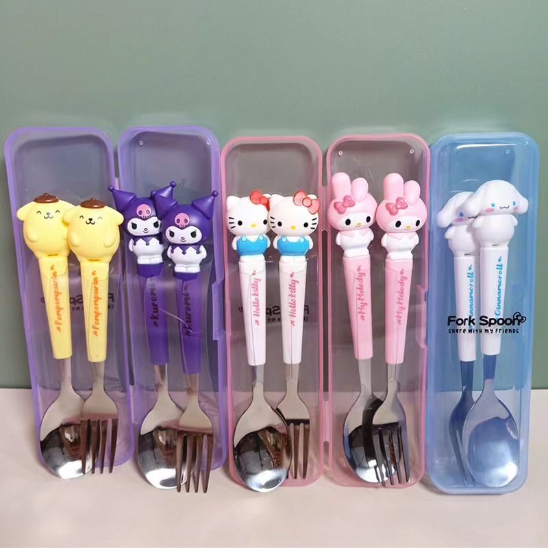 2025新型学生クロミハンドル携帯アニメ子供食器2点セットステンレス食器フォークスプーン|undefined