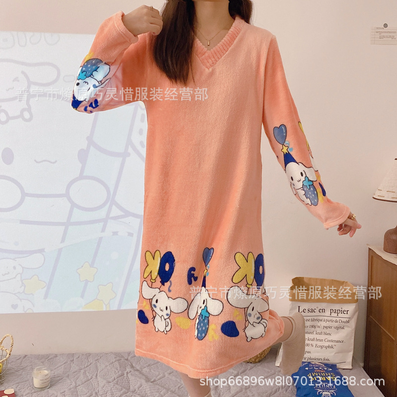 Pijamas de mujeres otoño invierno de franela lindo dibujo animado 2024 nuevo coral de lana gruesa falda cálida ropa para el hogar