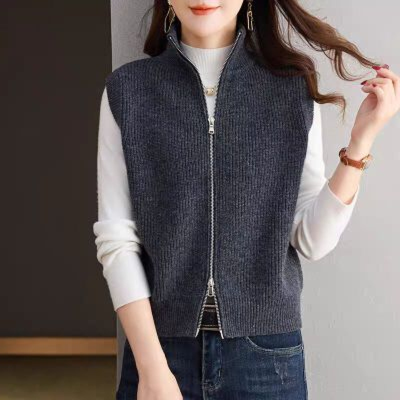 Collar vertical chaleco de punto de mujer otoño invierno 2025 nuevo chaleco de doble cremallera con la solapa suéter cardigan chaqueta de moda
