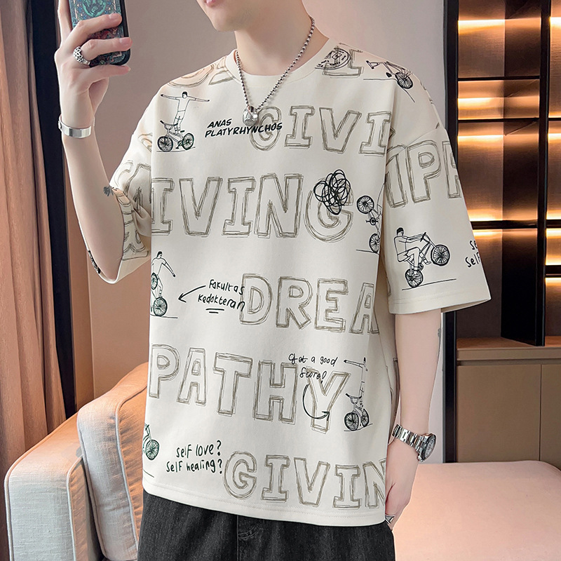 New Summer Men's Trendy Loose-Fitting Clothing, Trendy Brand Student Short-Sleeved T-Shirt Tops, Round Neck Half-Sleeved T-Shirt