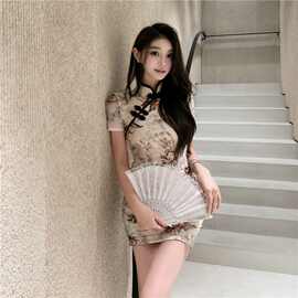 2026复古旗袍年轻款少女印花设计感收腰显瘦短款夏新中式连衣裙潮