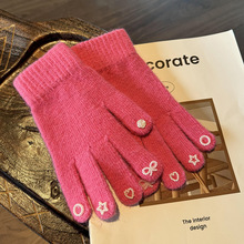 手套女2024冬新款珍珠针织辣妹加绒防寒保暖DIY手套学生骑行跨境