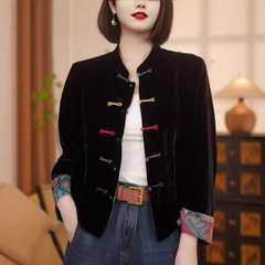 一件代发新中式国风印花盘扣黑色外套女2025新款气质双面穿宽松