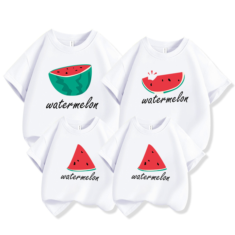 Conjuntos para padres e hijos, verano 2025, conjuntos familiares de manga corta con estampado de sandía para una familia de tres, conjuntos para madre e hija, algodón puro versátil