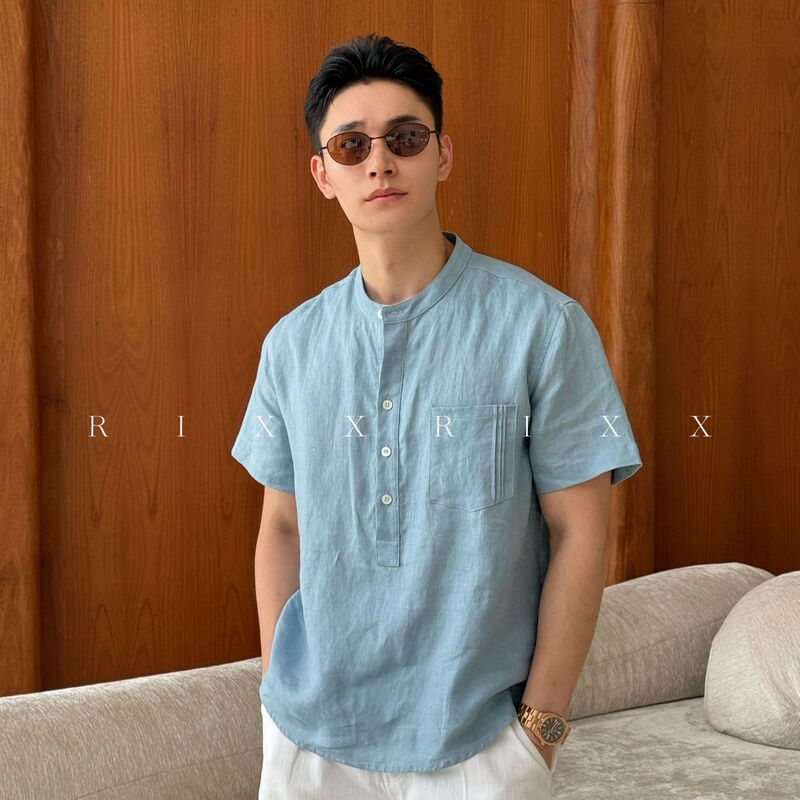 In-Stock 2026 Summer Men's Henley Stand Collar Half-Zip Linen Short Sleeve Shirt Breathable Textured Loose Fit Shirt