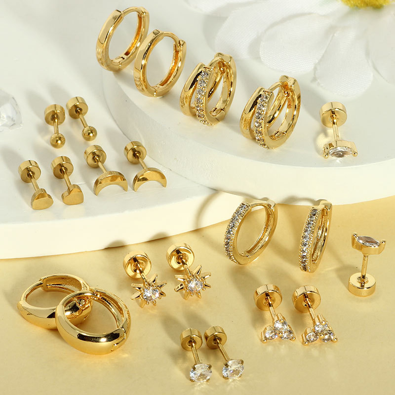 22-Piece Heart Inlaid Zircon Earring Set, Real Gold Brass Electroplated Stainless Steel Earrings for Women and Men detail image 7