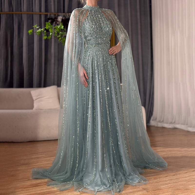 Foreign Trade Aqua Green Flying Sleeve Evening Dress Elegant Solo Artist Celebrity A-Line Long Skirt La72306B