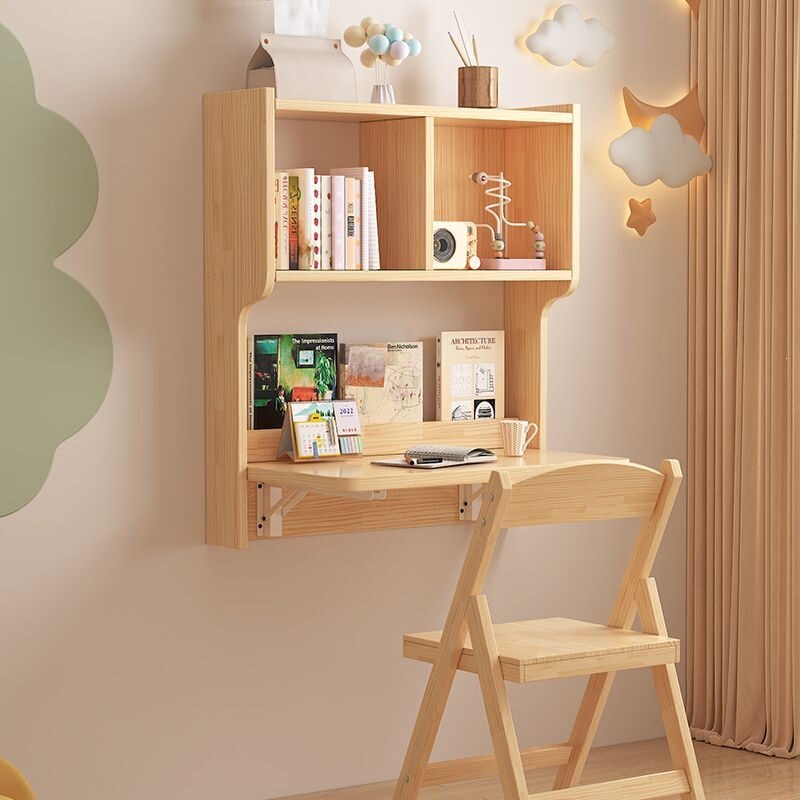 Simple, compact bedside desk with integrated bookshelf, solid wood folding table, wall-mounted design for space-saving use