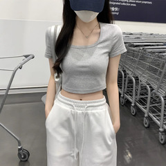 UネックショートスリーブTシャツ、小柄な女性向け、セクシーでスリムなフィット感、鎖骨見せ、ハイウエスト、へそ出しトップス、インスタ映えするへそ出し半袖