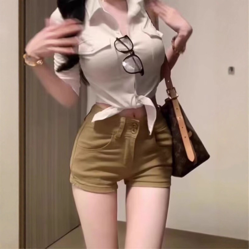 Plus Size American Style Spicy Girl Khaki Denim Shorts for Women, Summer Tight Slimming Elastic Hip-Hugging Hot Pants