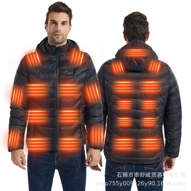 Ropa acolchada de algodón con calefacción inteligente transfronteriza de invierno, ropa acolchada de algodón con calefacción eléctrica, zona 23, chaqueta abrigada con capucha de tamaño ajustable