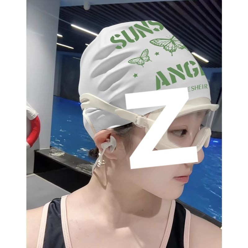 女性用スイミングキャップ、新しい防水、耳保護、頭を締め付けない、プロのロングヘア、快適なプリントアプリコットスイミングキャップとスイミングゴーグルセット|undefined