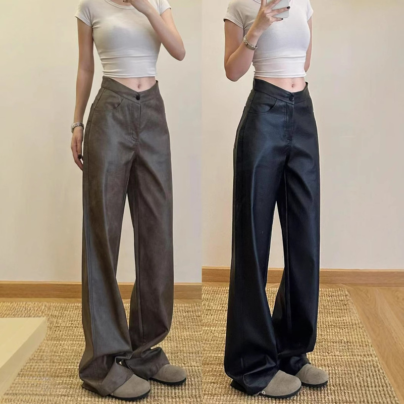 2025 Autumn/Winter Pu Leather Pants American Style Straight Pants Vintage Leather Pants Women's Hot Girl Long Pants Straight Loose Slimming Casual Pants