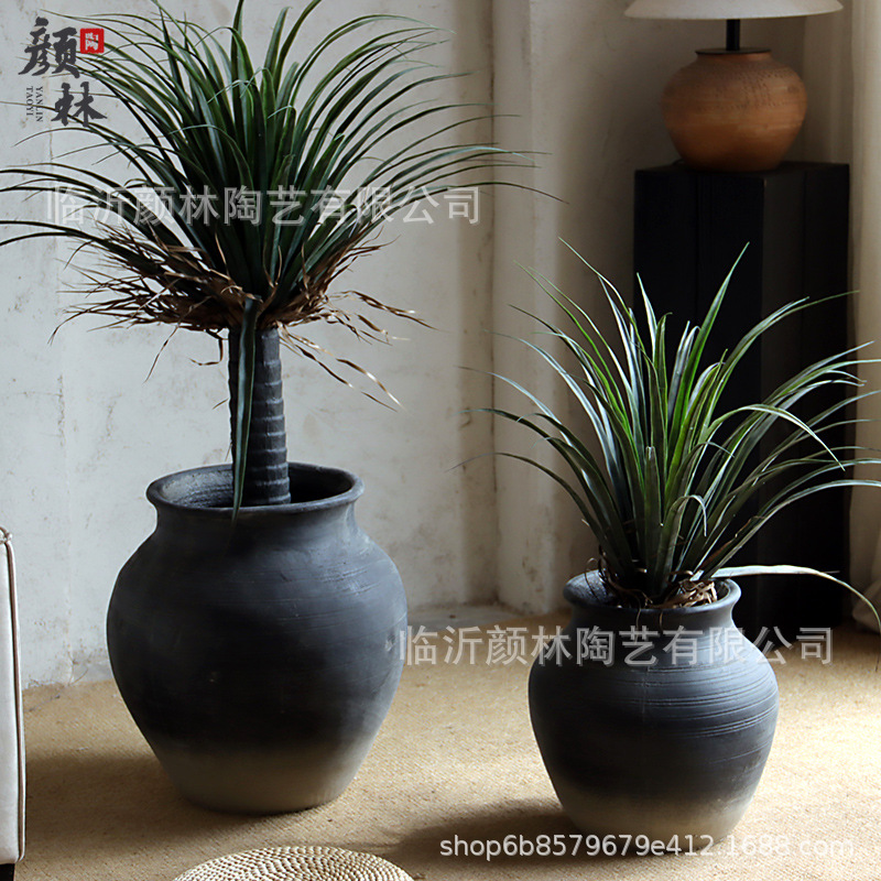 Cementos de tierra gris negro gran vientre redondo plantación interior verde hacer viejas macetas de diseño de decoración del espacio del hotel