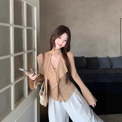 荷叶边飘带v领长袖t恤女早秋季独特漂亮修身内搭打底衫喇叭袖上衣