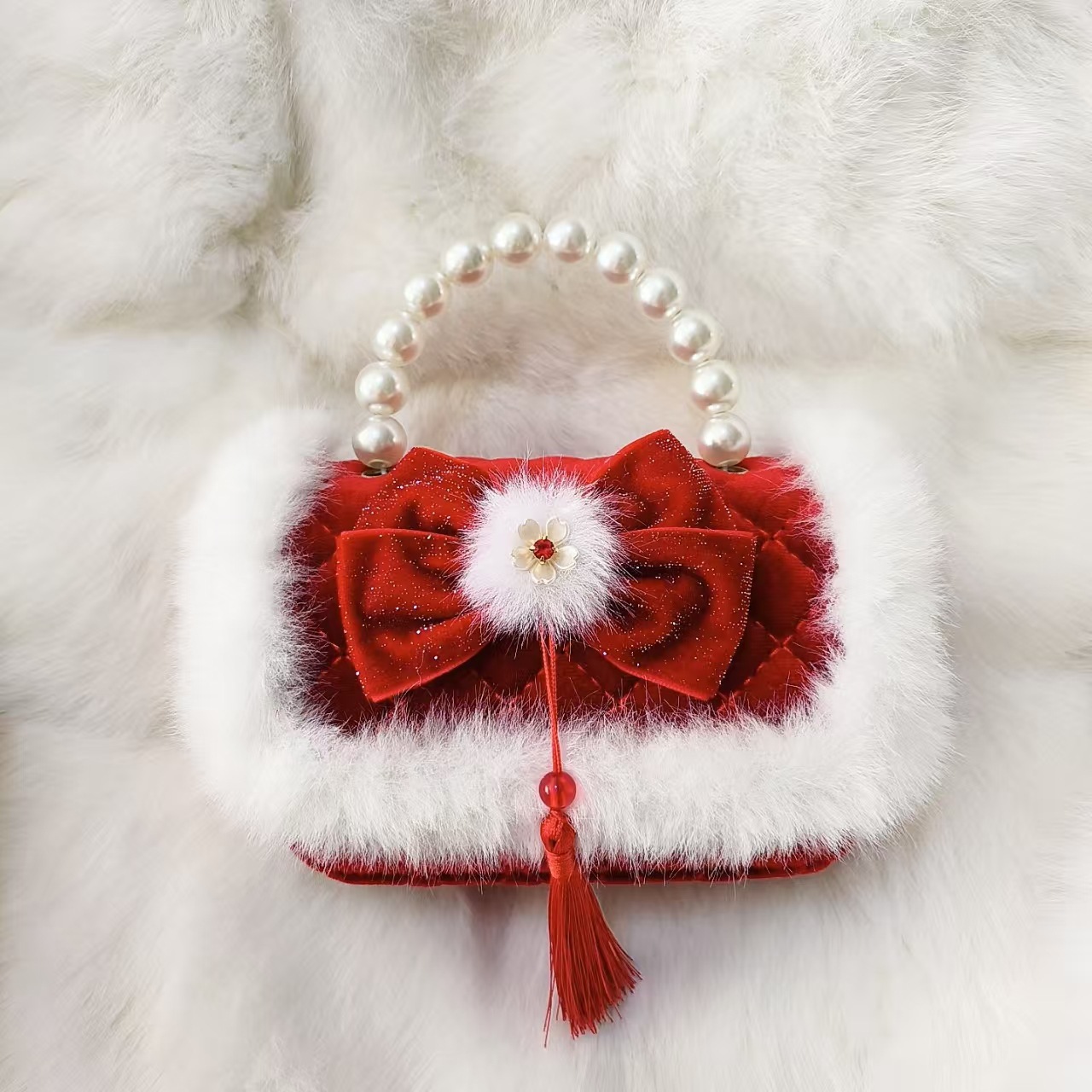 Gran arco rojo bolso de princesa bolso de perla bolso de Año Nuevo bolso de cambio accesorios cadena de hombro