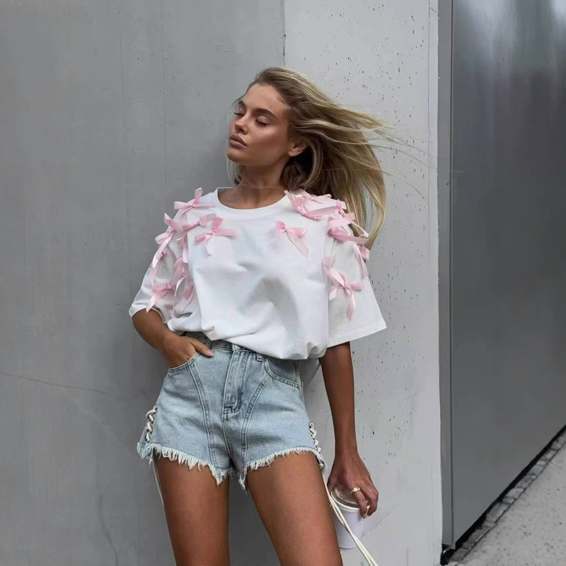 European and American Style Fashionable Elegant Trendy Sweet Heavy-Duty Bow Lace Decoration Summer Pure Cotton Short-Sleeved T-Shirt Top European and American Style Fashionable Elegant Trendy Sweet Heavy-Duty Bow Lace Decoration Summer Pure Cotton Short-Sleeved T-Shirt Top
