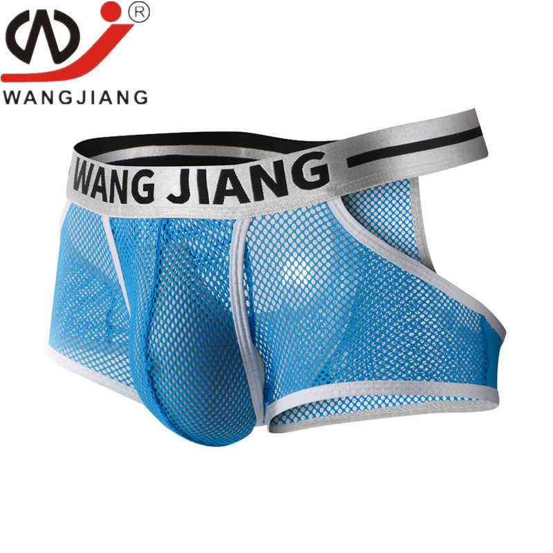 WJ net men's underwear boxer shorts summer mesh hollow warehouse separation double side opening breathable fashion U convex pocket bag 
