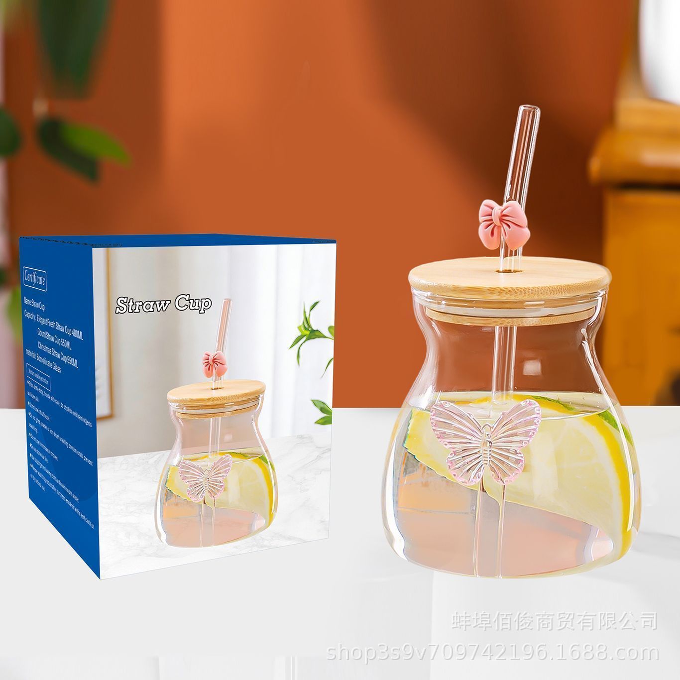 Taza de café de alto valor facial de vidrio transparente con mango de vidrio de alto silicio, taza de paja de hielo de bebidas americanas gordo
