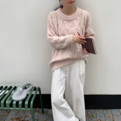秋冬基础款麻花套头毛衣女宽松纯色软糯圆领长袖针织百搭内搭女装