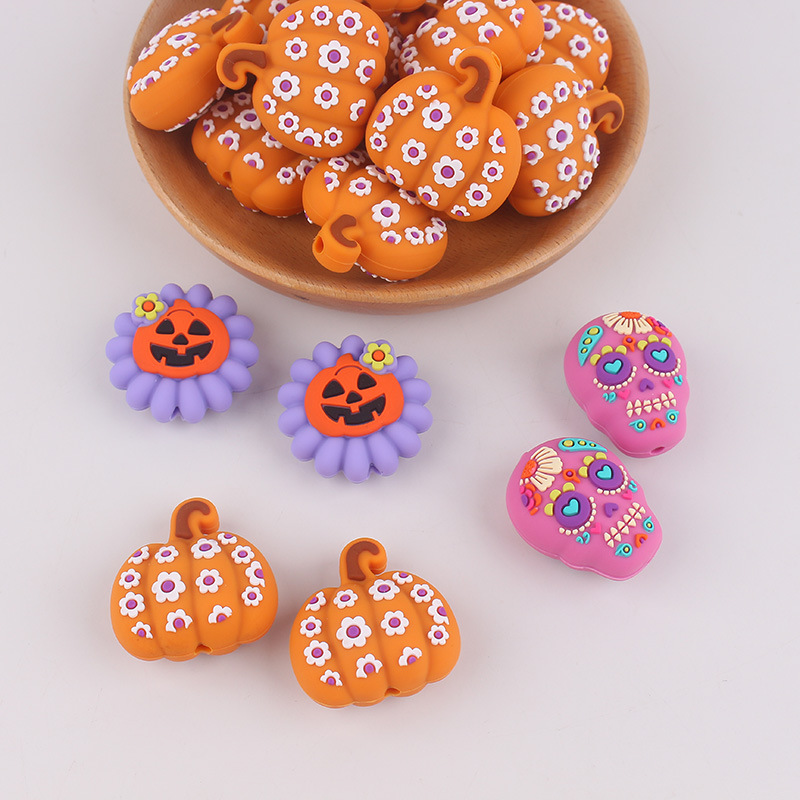 Cuentas de silicona transfronterizas de Halloween 3D creativas calabaza esqueleto cuentas decorativas diy accesorios goteo cuentas