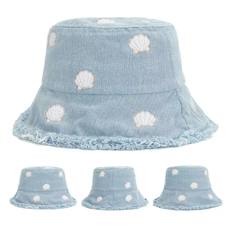 新款亚马逊牛仔纯色刺绣渔夫帽欧美户外出游百搭帽子儿童潮遮阳帽