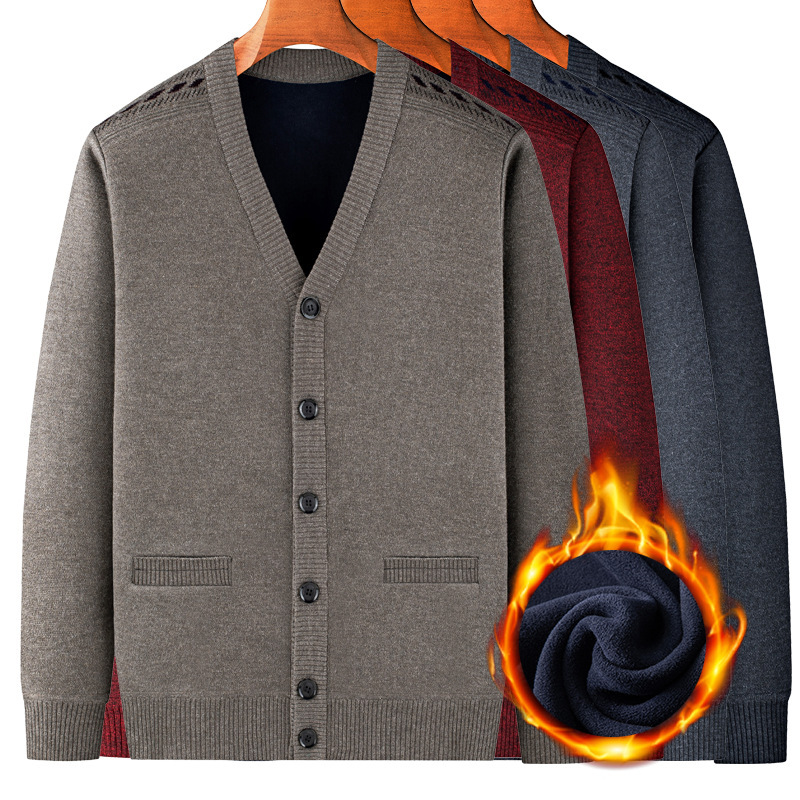 Winter Cardigan Sweater Middle-aged and Elderly Men's Grandpa Thick Cashmere Warm V-neck Knitted Sweater Jacket Dad Buckle