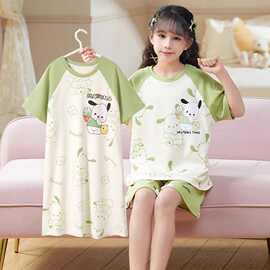 夏季短袖中大童套装三件套女童睡衣草莓熊薄款儿童女孩哪吒家居服