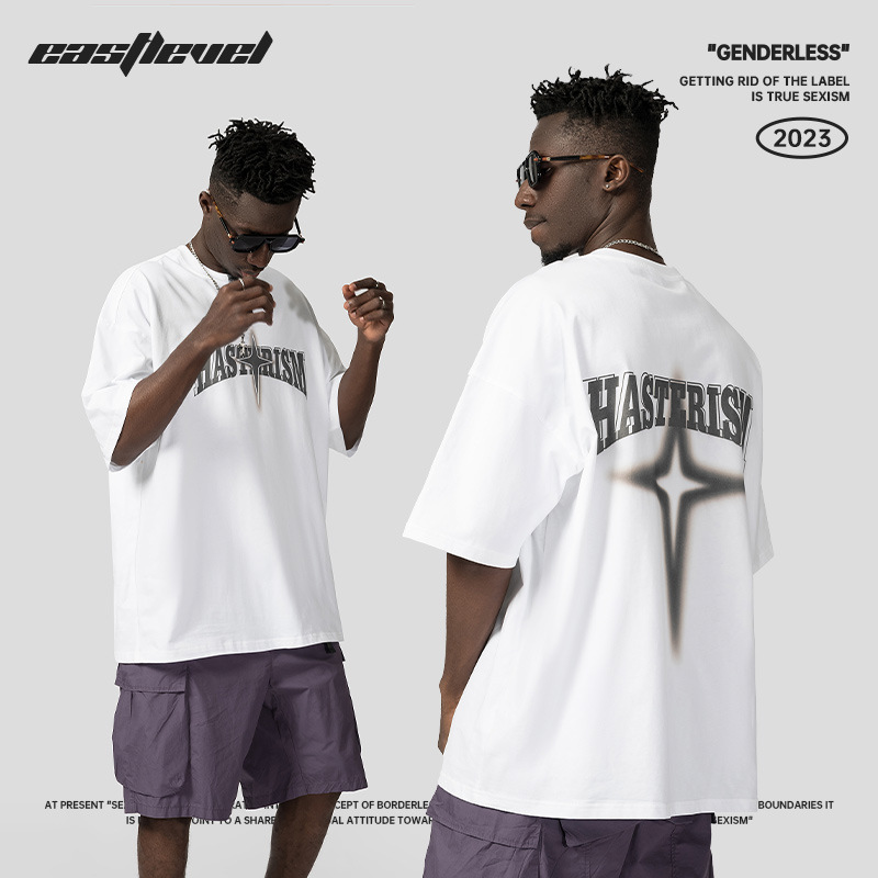 American High Street Fashion Brand T-shirt Men's Short Sleeve Star Print Loose Oversize Off Shoulder Cotton Round Neck_voghion.com