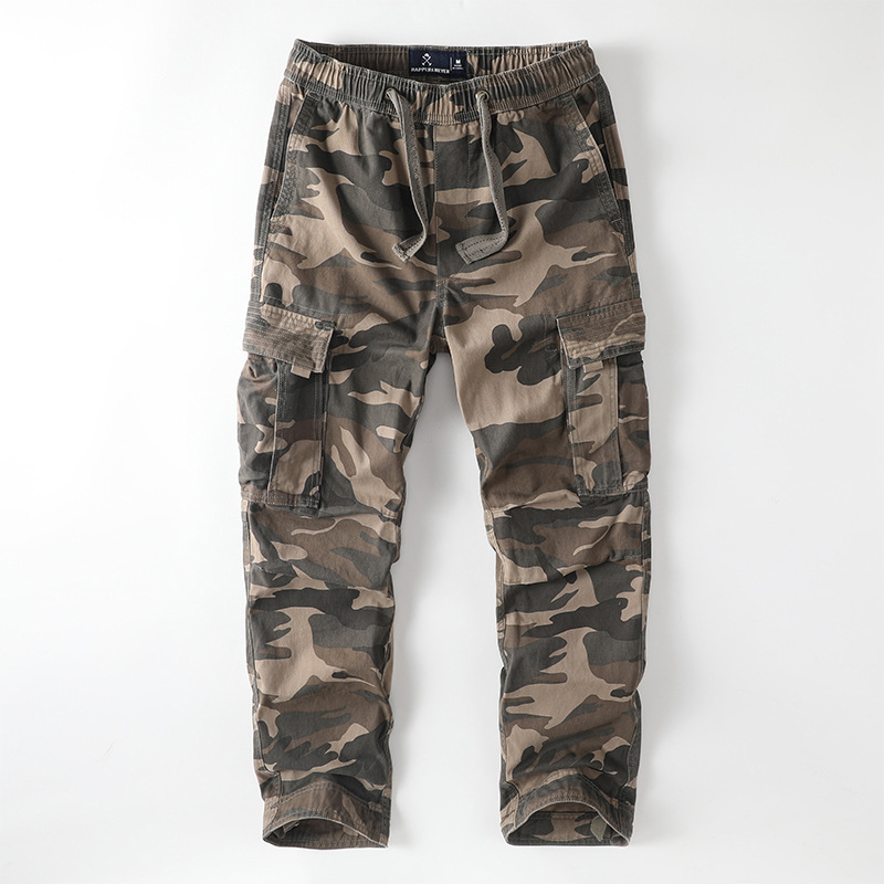 Custom American Retro Cotton Cargo Pants for Men, Casual Multi-Pocket Loose Straight Large Size Drawstring Jogger Pants