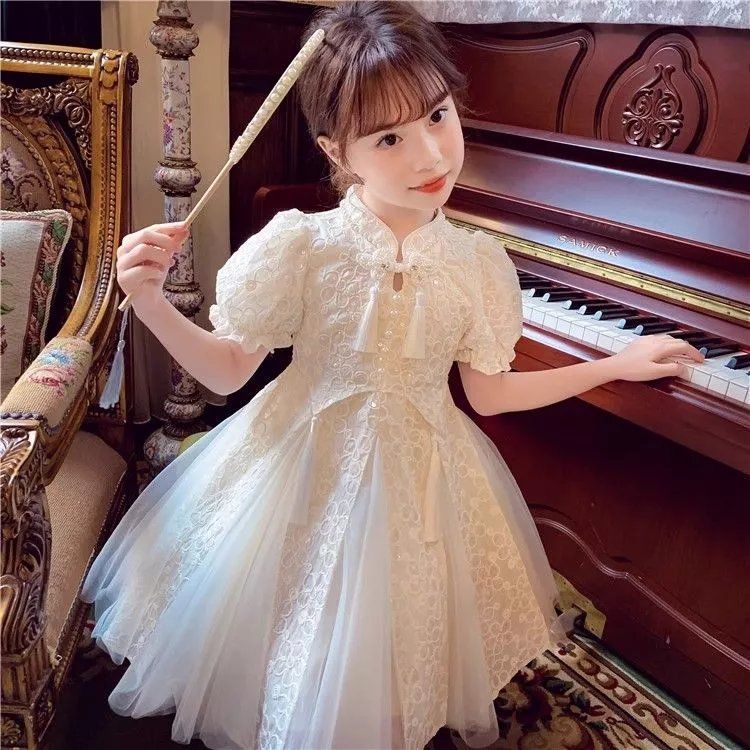 Girls Princess Dress Summer Dress 2024 New Children's Puff Sleeve Mesh Dress Western Style Girl Chinese Style Skirt
